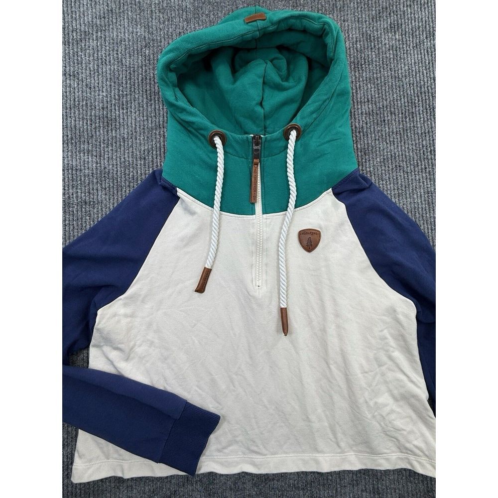 Wanakome Sweater Womens X-Large Green Blue Colorblock Hooded Cropped Sweatshirt